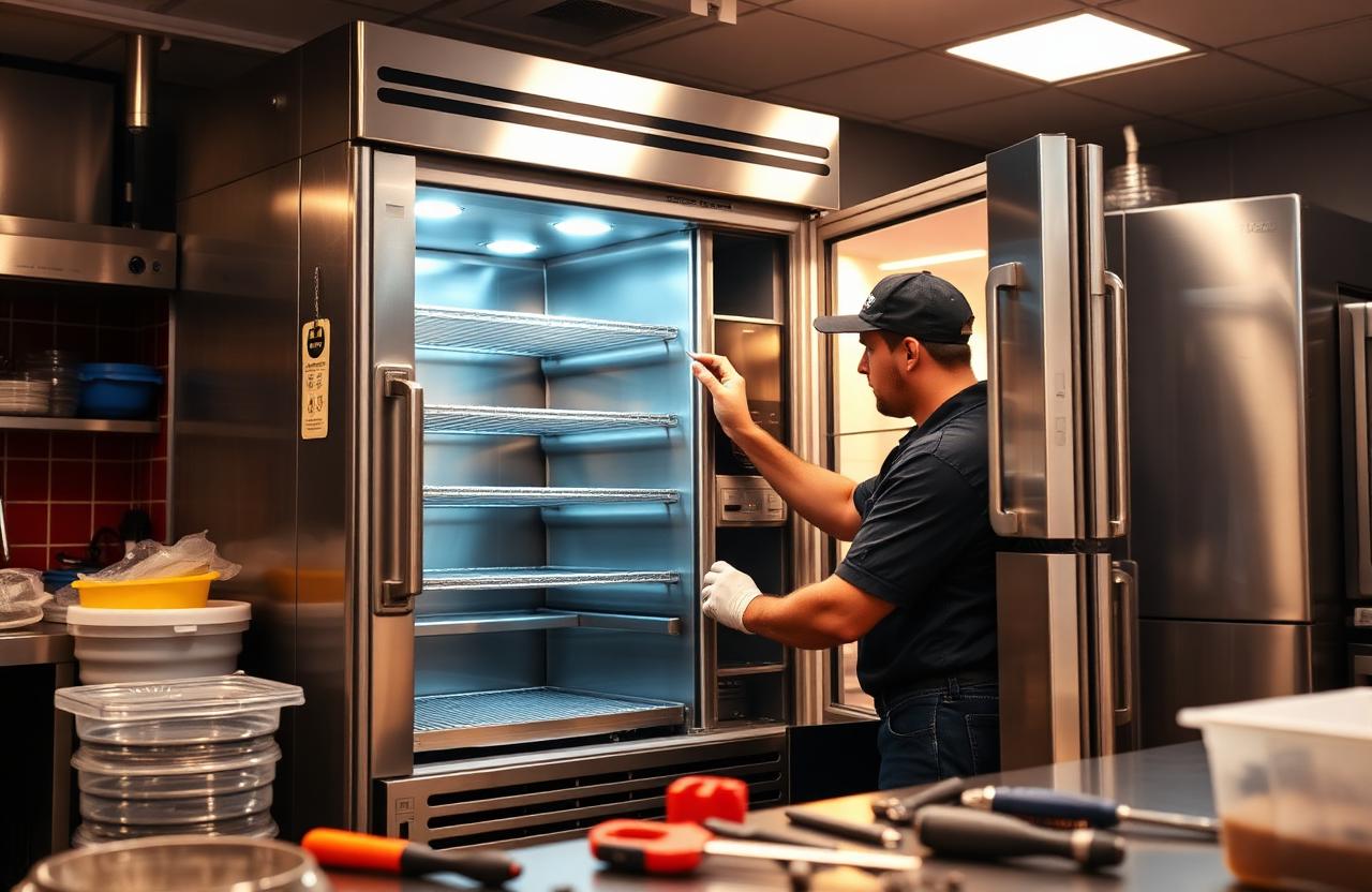 Commercial refrigerator repair technician at work in a restaurant kitchen